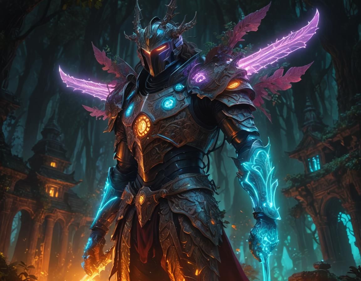 Magical Knight in Bioluminescent Forest, Digital Art