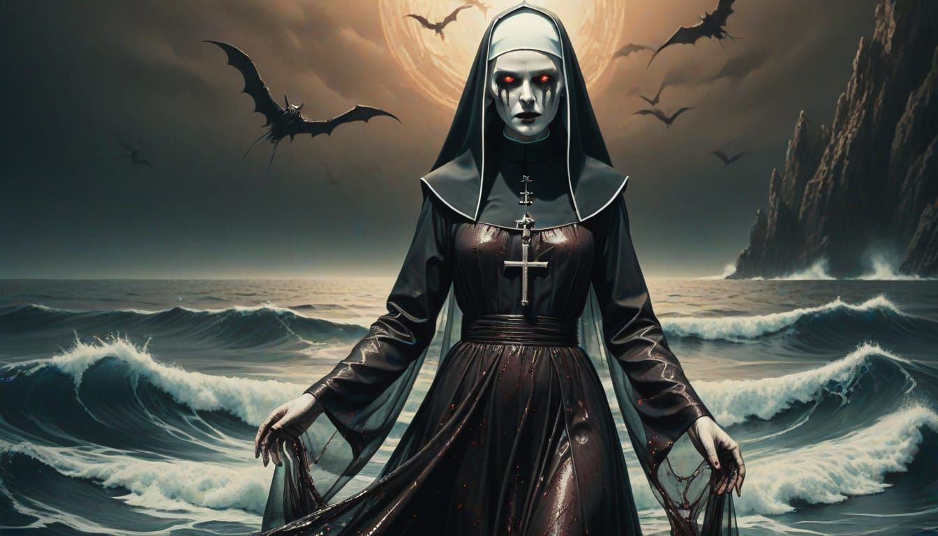 Dark Nun Emerges from Mysterious Ocean Depths in Occult Art