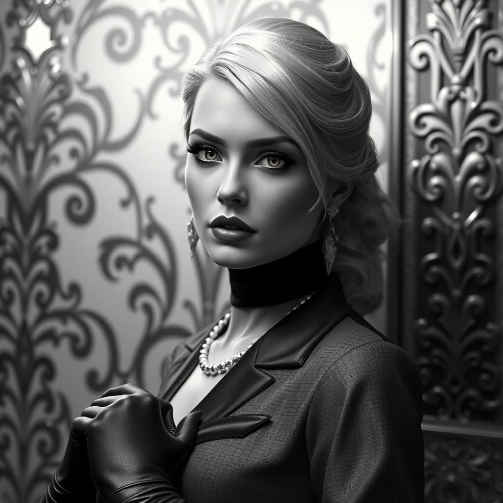 Art Deco Femme Fatale Portrait in Black and White