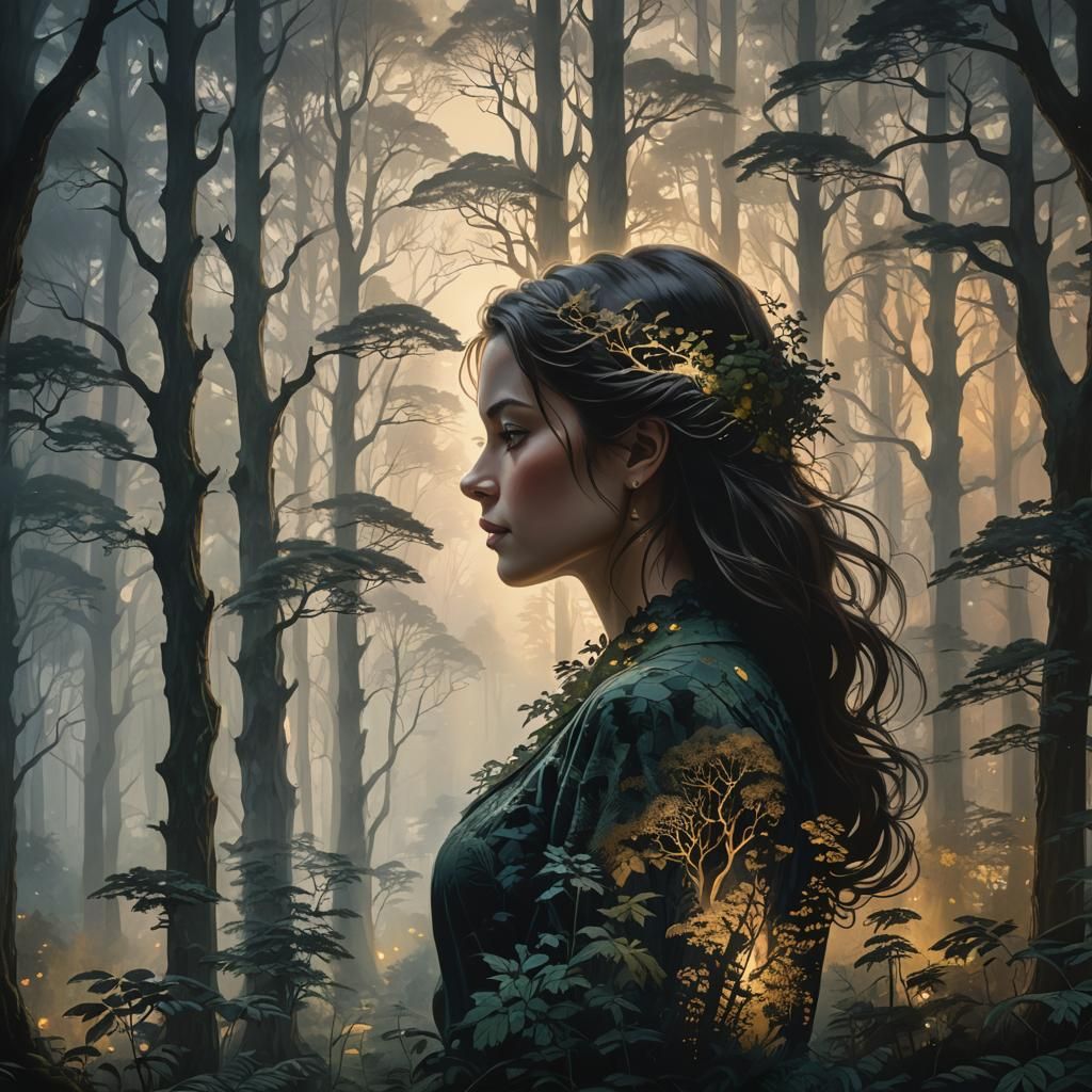 Four Seasons: Woman Silhouette in Dark Forest