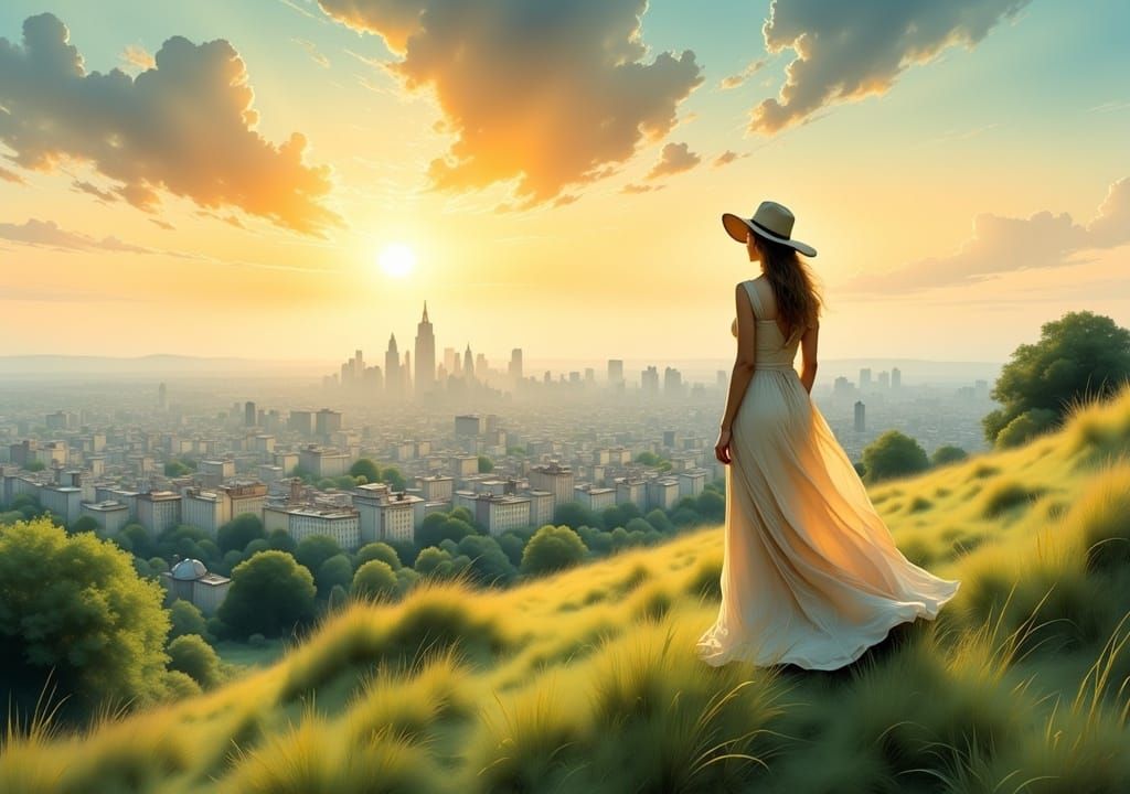 City View with Woman in Sundress, Landscape Art