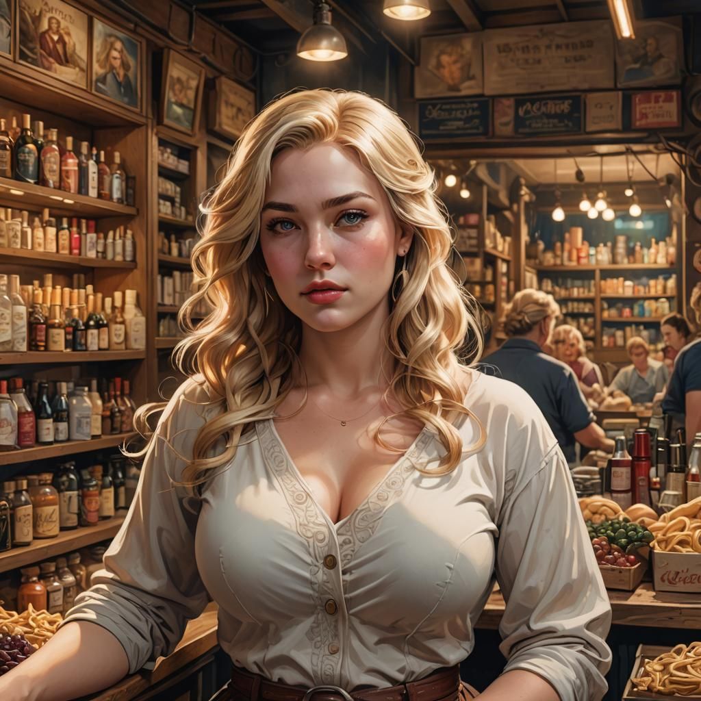 Stunning Blonde Woman in Detailed Shop Scene