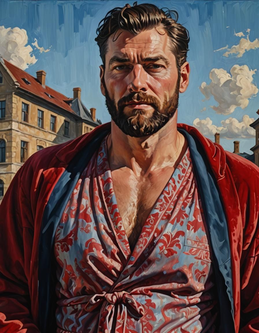 Bearded Man in Red Bathrobe as Impasto Oil Painting