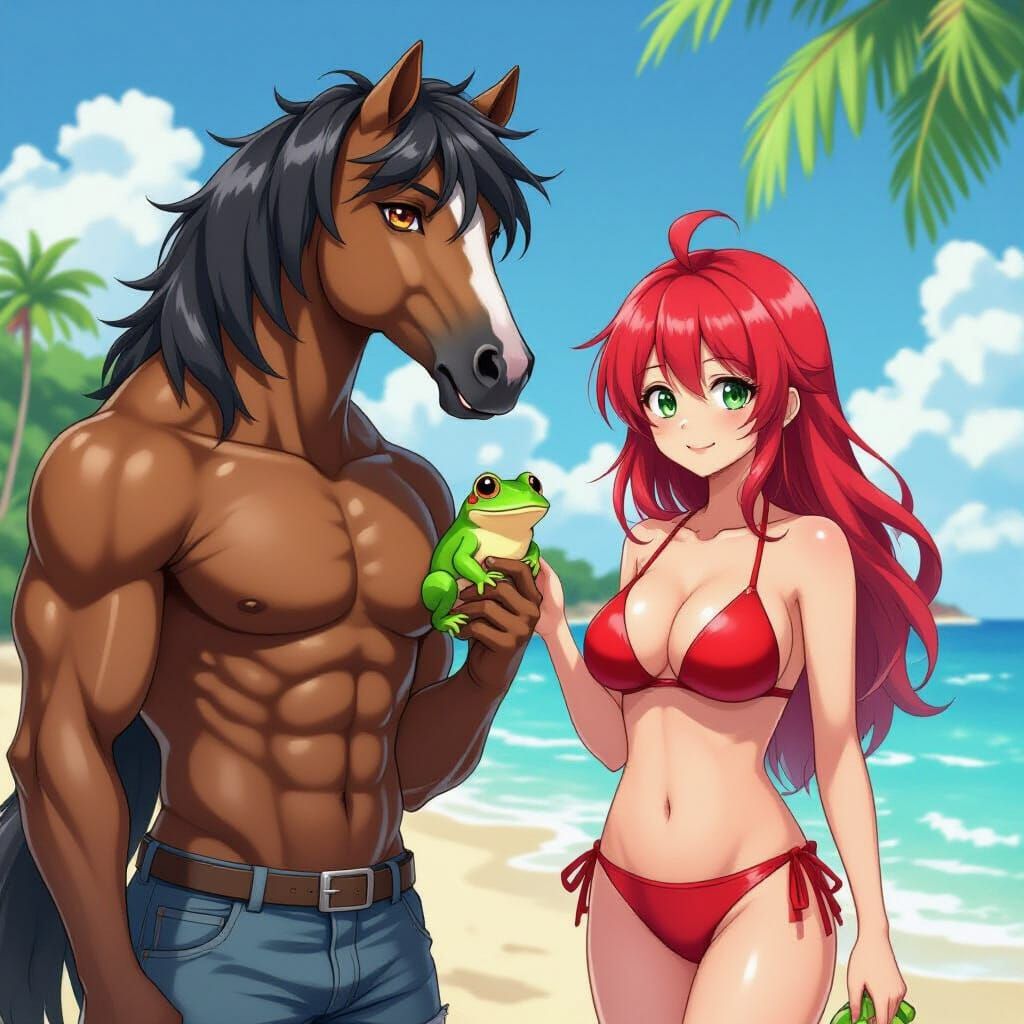 Man with Horse Head on Sunny Shore, Anime Style
