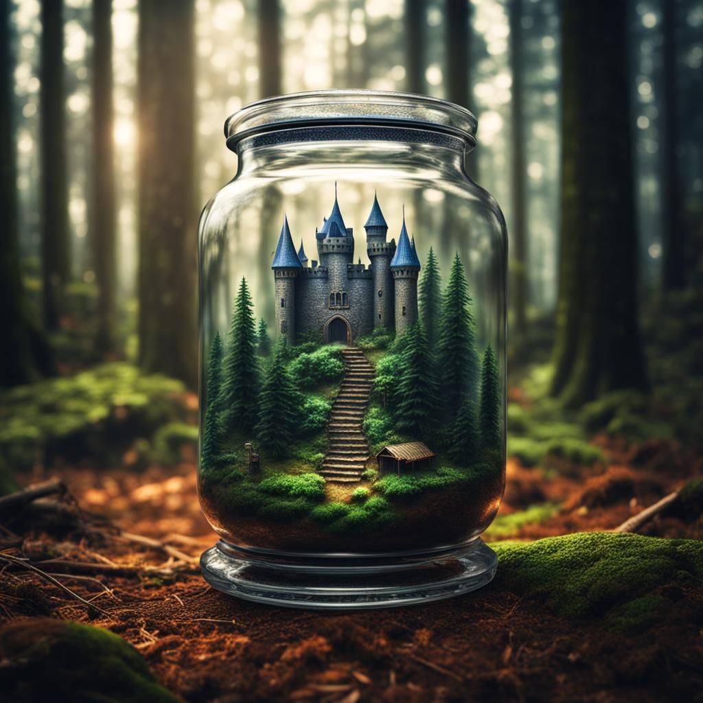 Hyperrealistic Forest and Castle in a Jar