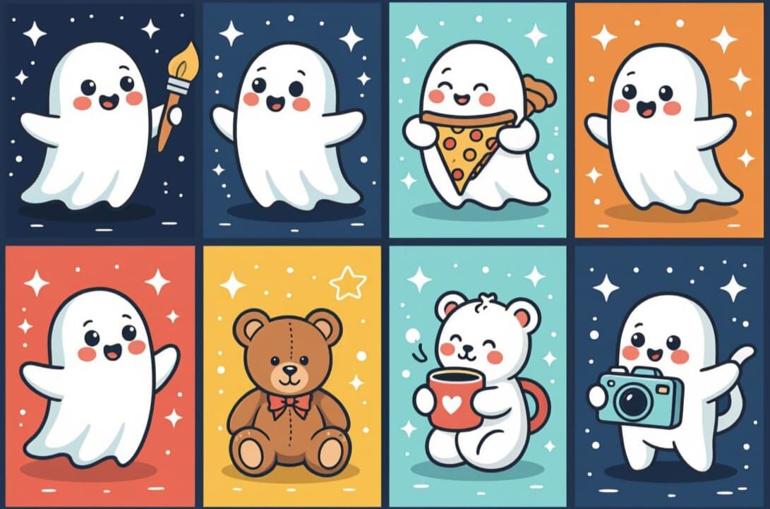 Six Cartoon Ghosts Holding Various Items in Line Art Style