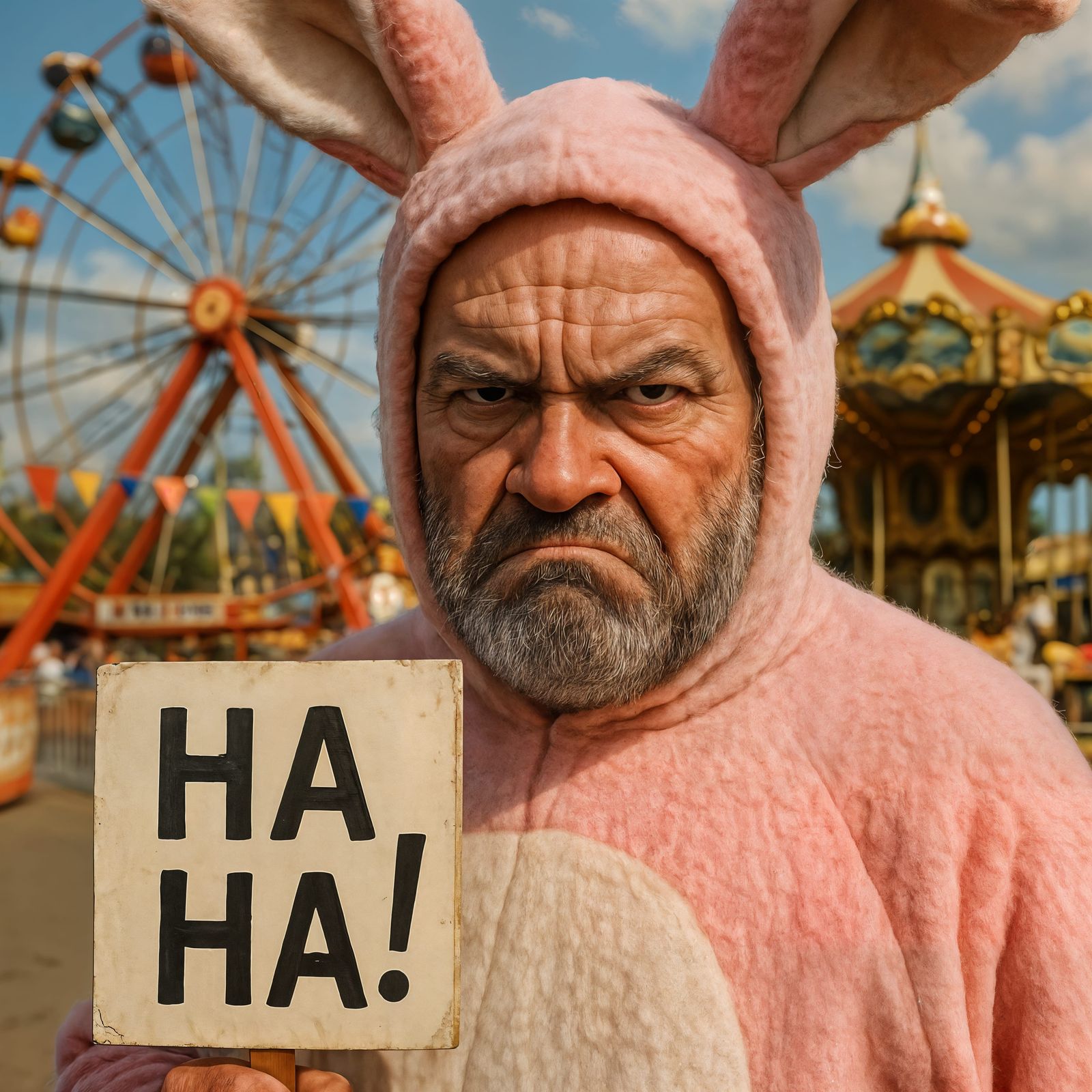 Grumpy Man in Bunny Suit at Amusement Park
