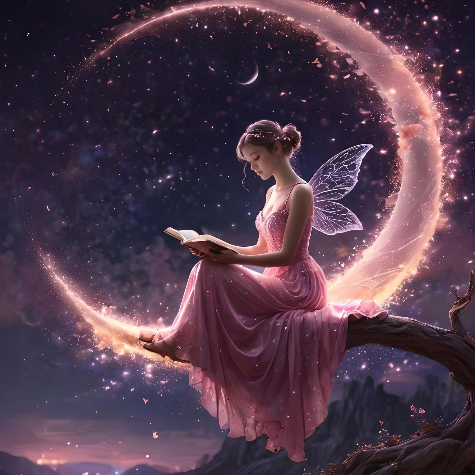Fairy Reading on Moon in Sparkling Dress