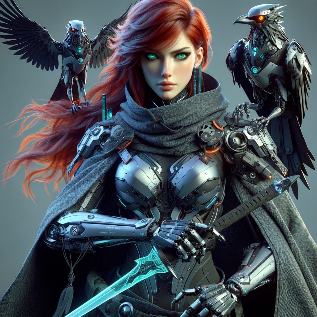 Futuristic Warrior Woman with Robotic Crows