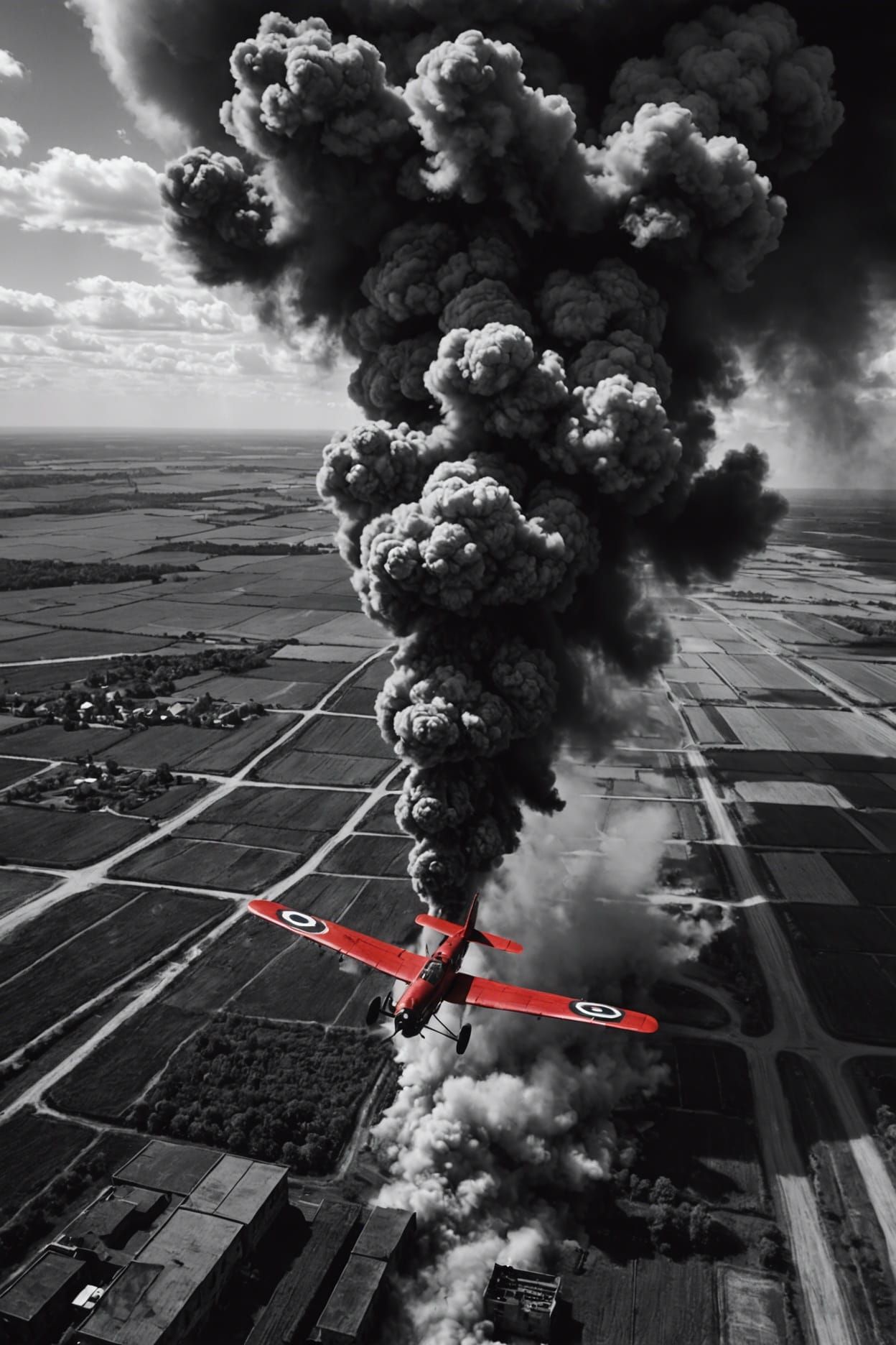 Dramatic WWI Aerial Scene with Red Triplane