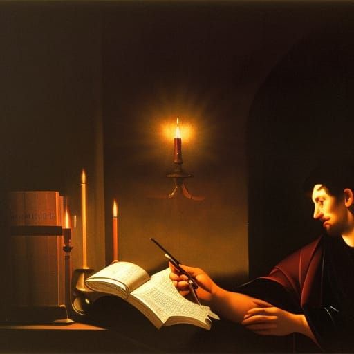 Man Reading by Candlelight: Baroque-Style Digital Painting