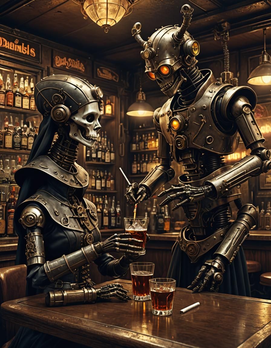 Steampunk Robot Nun in Satanic Dive Bar