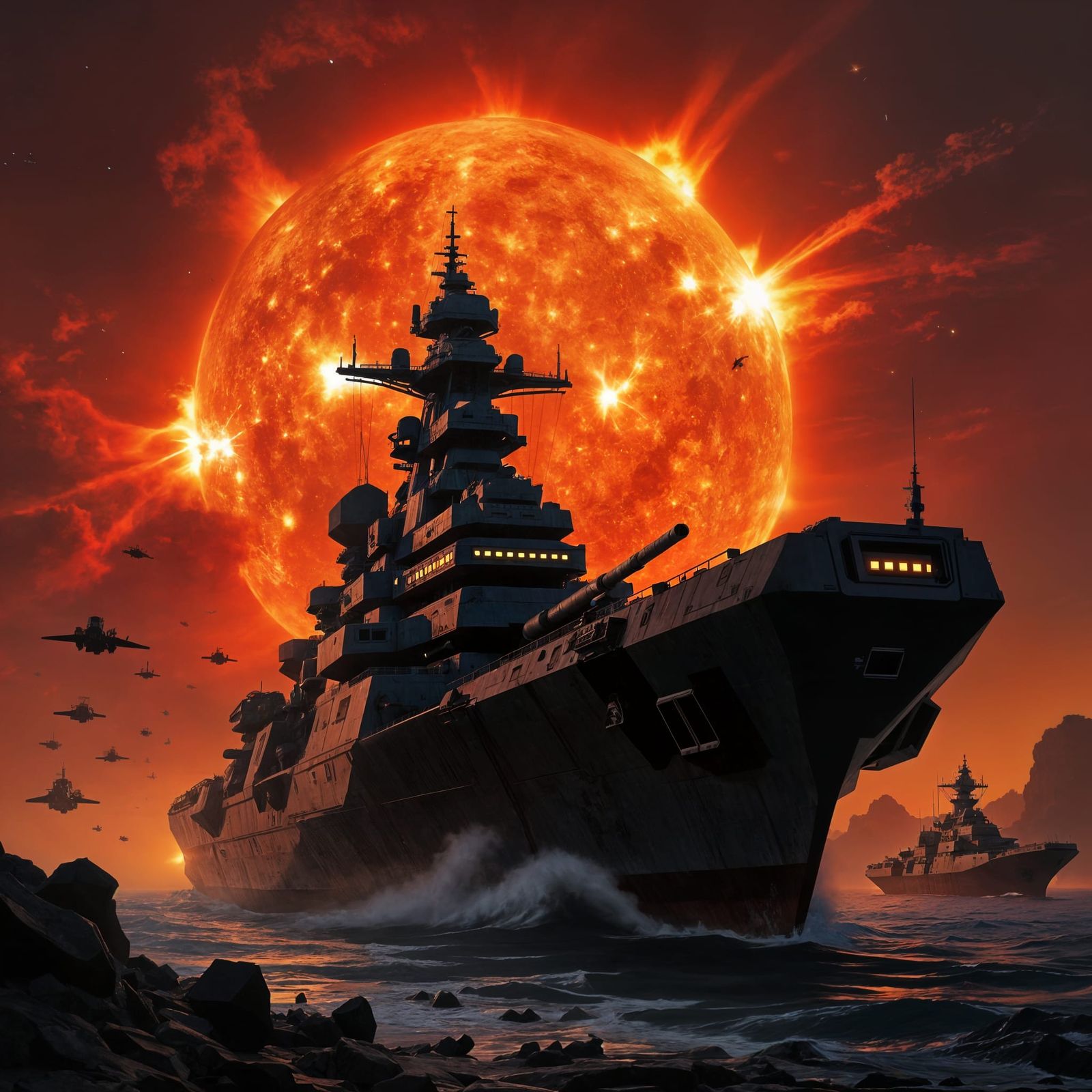 Giant Warship Faces Dying Star in Sci-Fi Digital Art