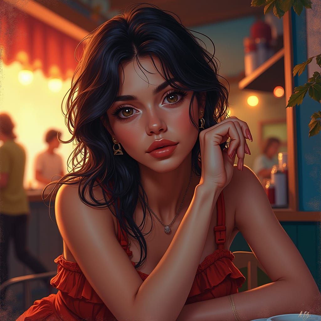 Hyperrealistic Woman Portrait in Vibrant Cafe Setting