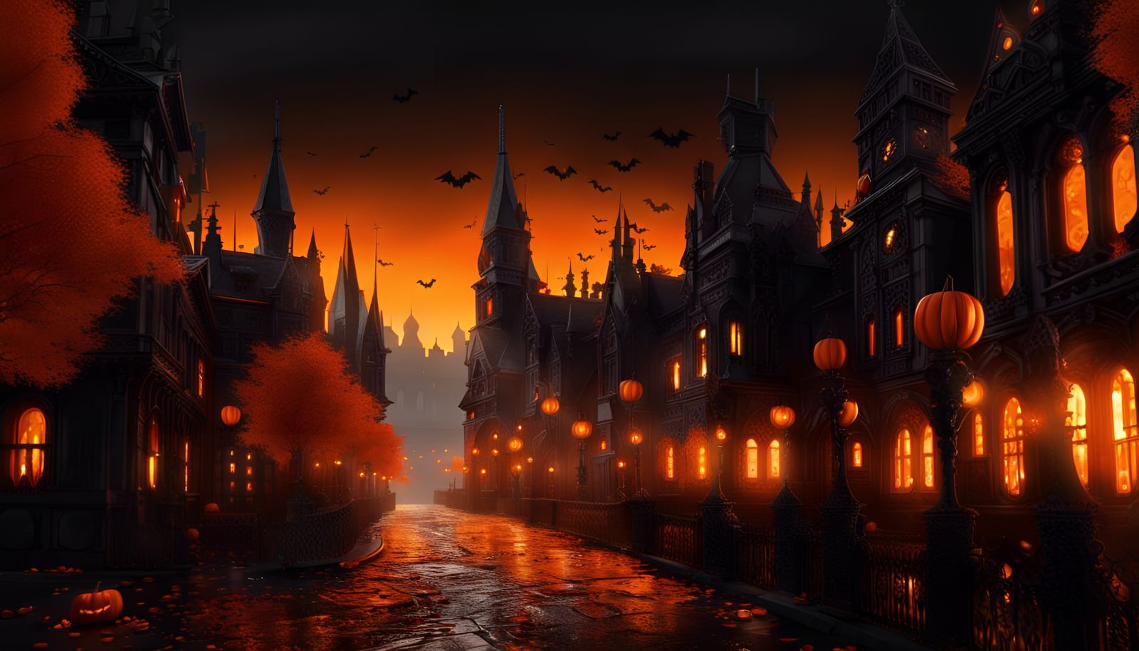 Spooky Halloween City in Glowing Orange and Black
