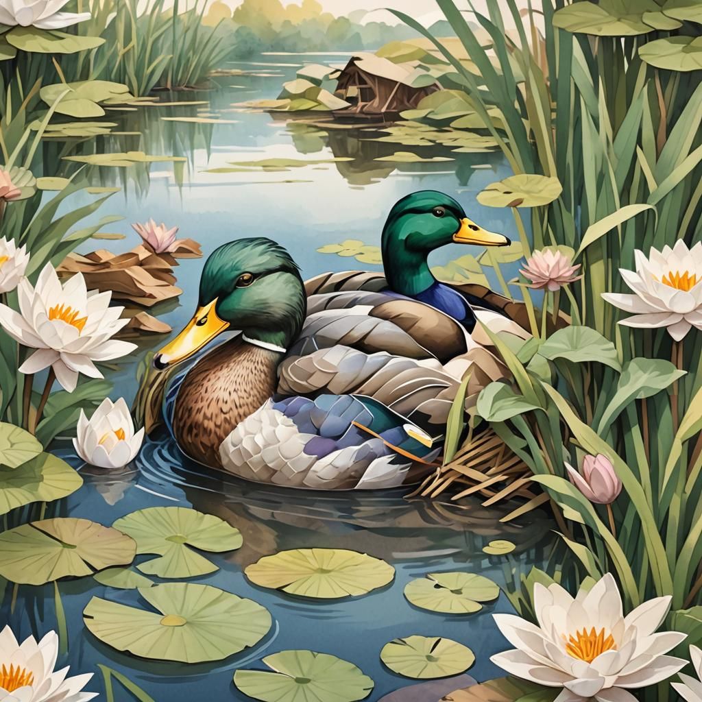 Mallard Sleeping in Nest, Anime Cartoon Style