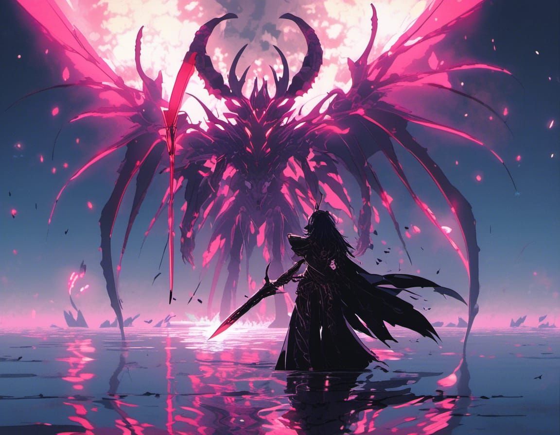 Sephiroth with Glowing Sword in Moonlit Lake