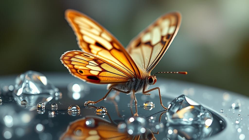 Hyper-Realistic Butterfly on Wet Jewel Encrusted Surface