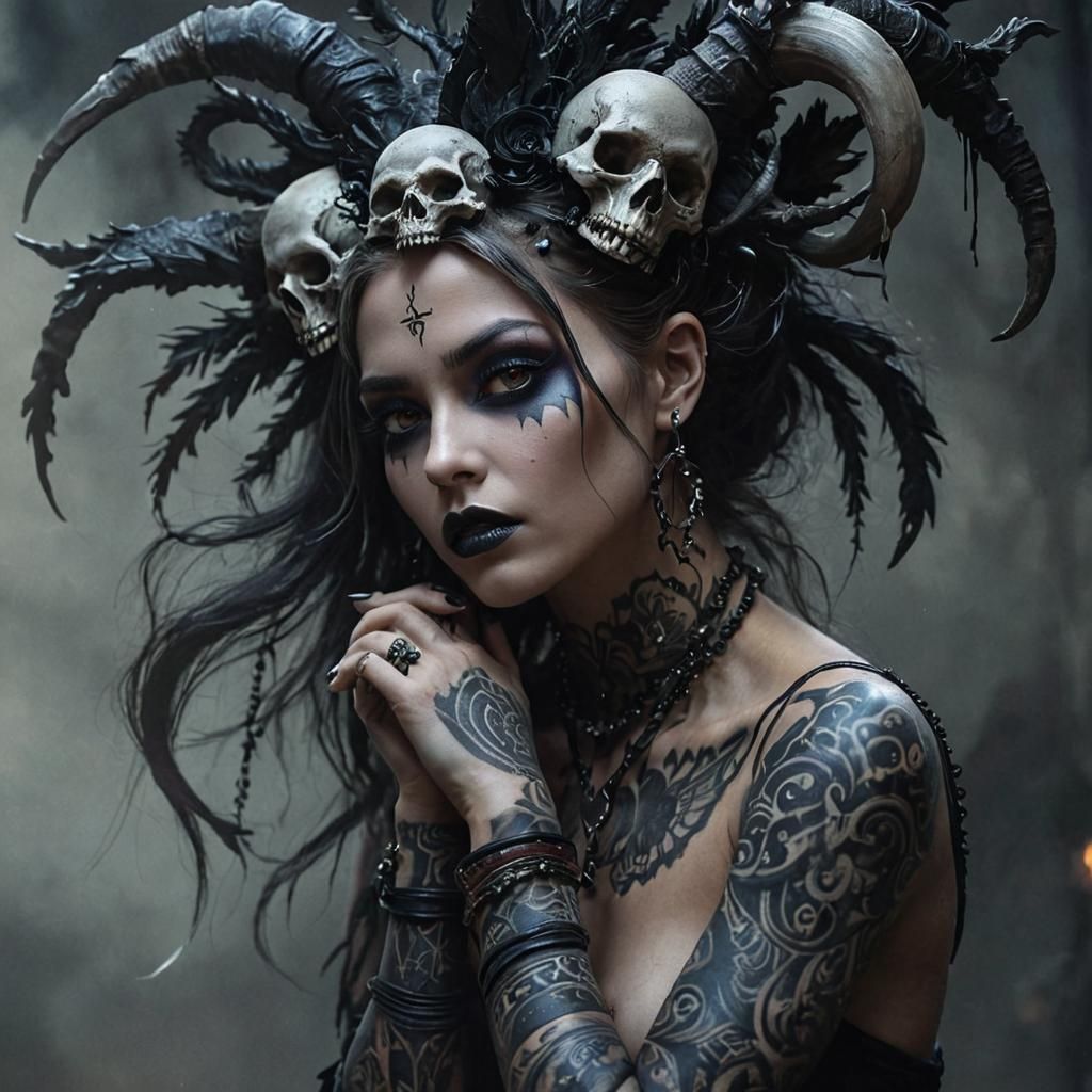 Gothic Witch with Tribal Tattoos, Dark Fantasy Art