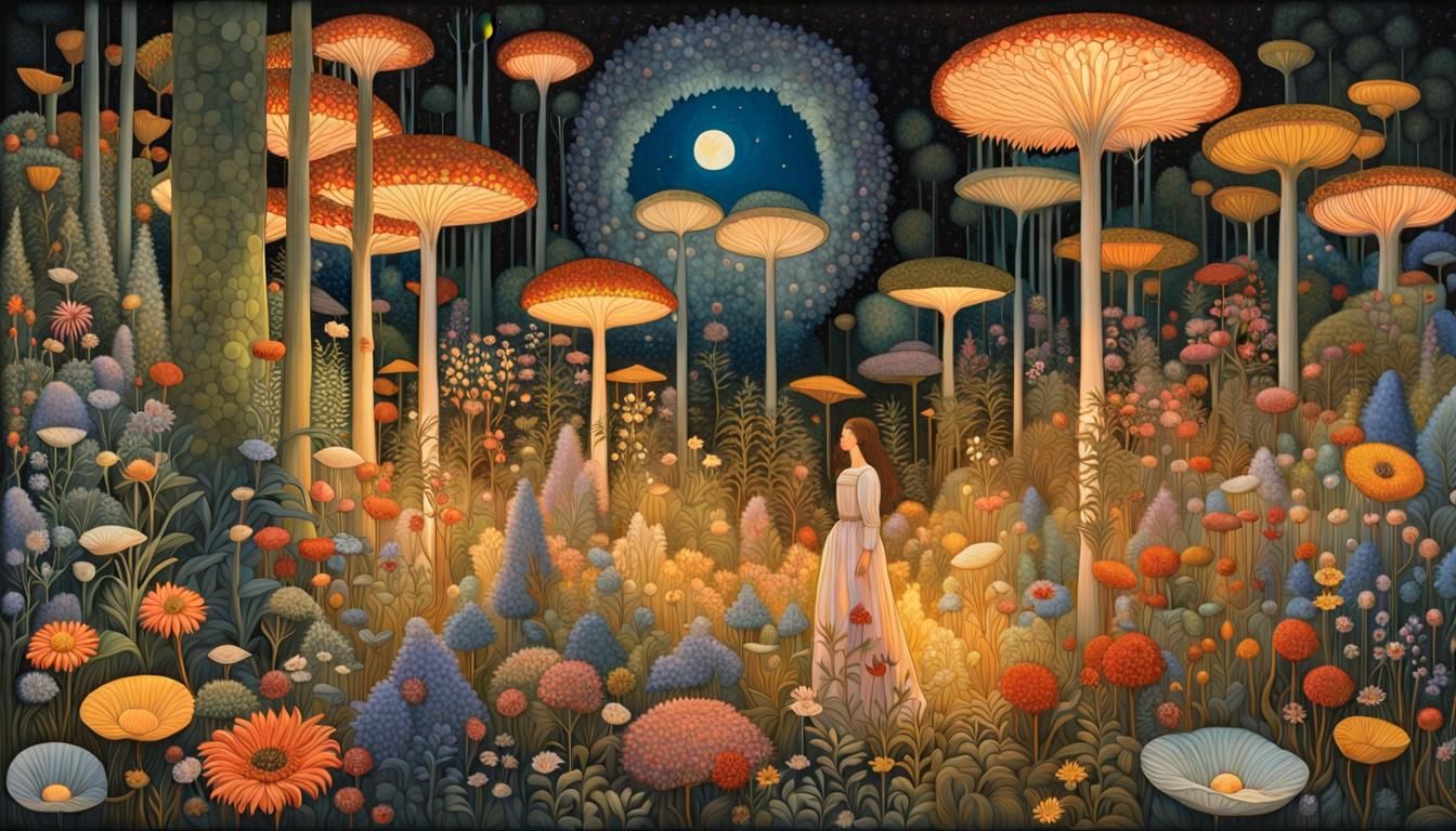 Sunset Woman in Floral Forest: Magic Realism