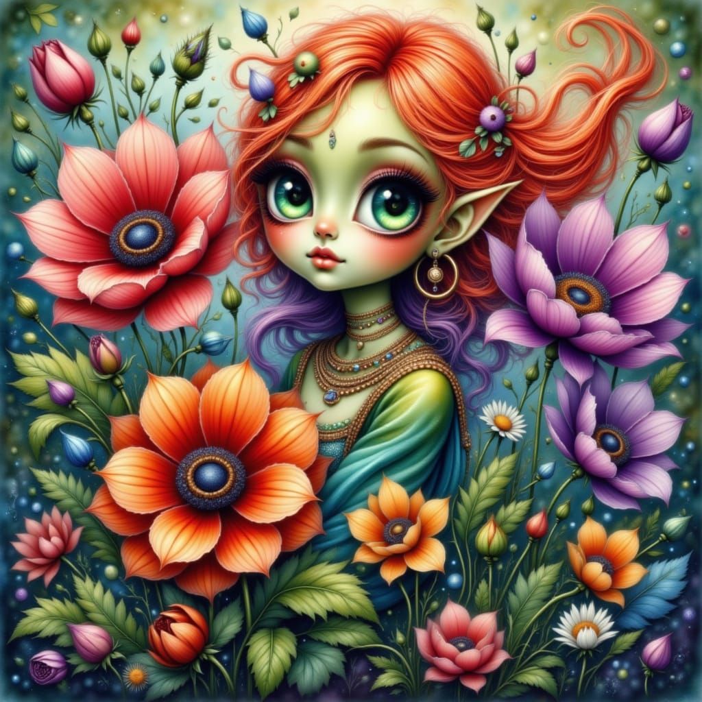 <lora:Hennie Cappuccino:1.0> Red, Orange, green, teal, turquoise purple female alien with huge billowing flowers