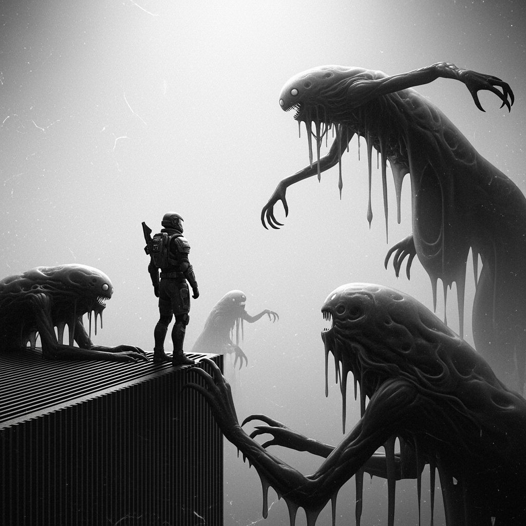 Futuristic Soldier Confronts Anime Monsters on Skyscraper