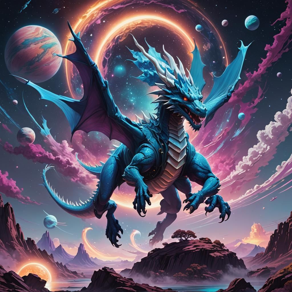 Majestic Dragon Soaring Through Cosmos: Fantasy Concept Art