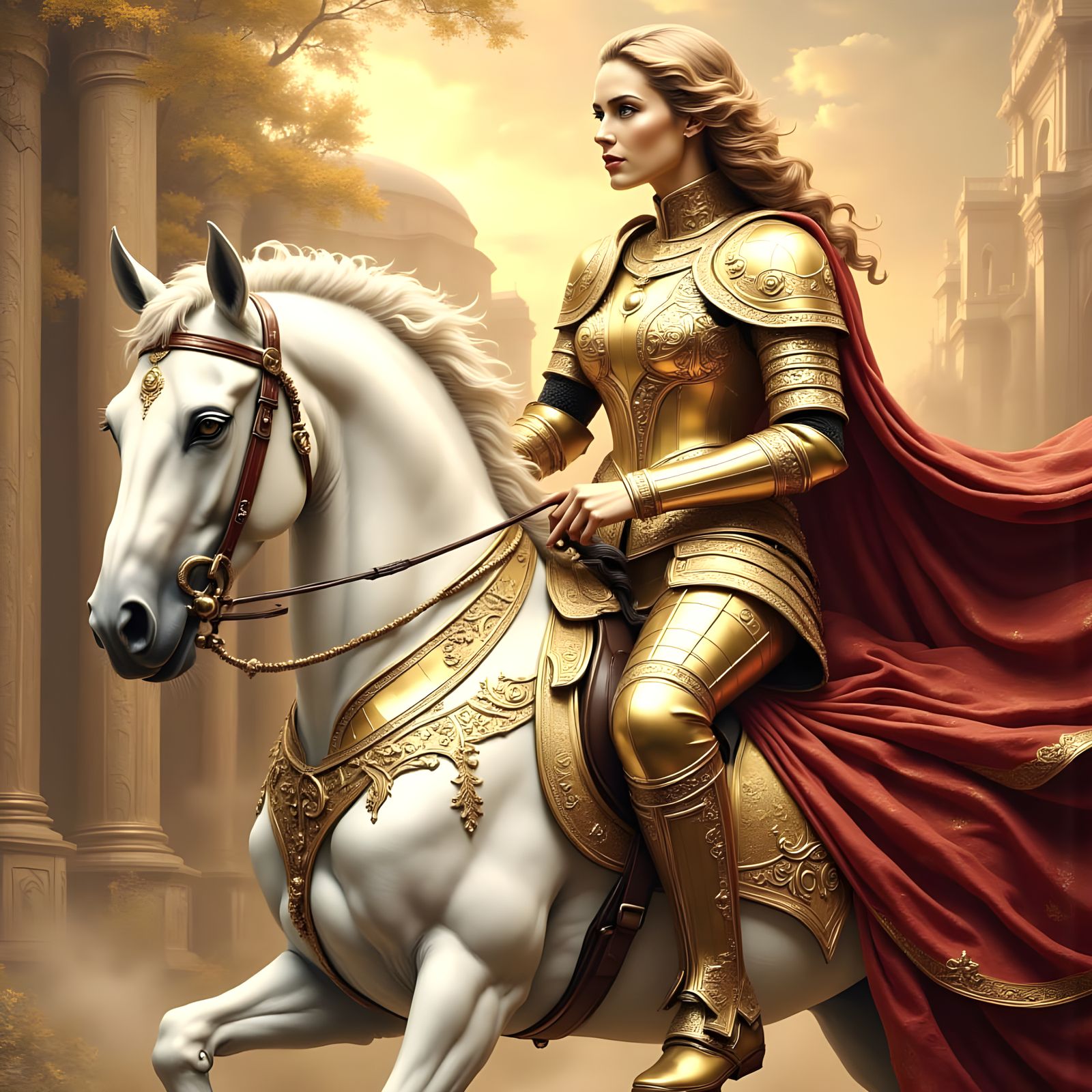 Shimmering Golden Knight on White Horse