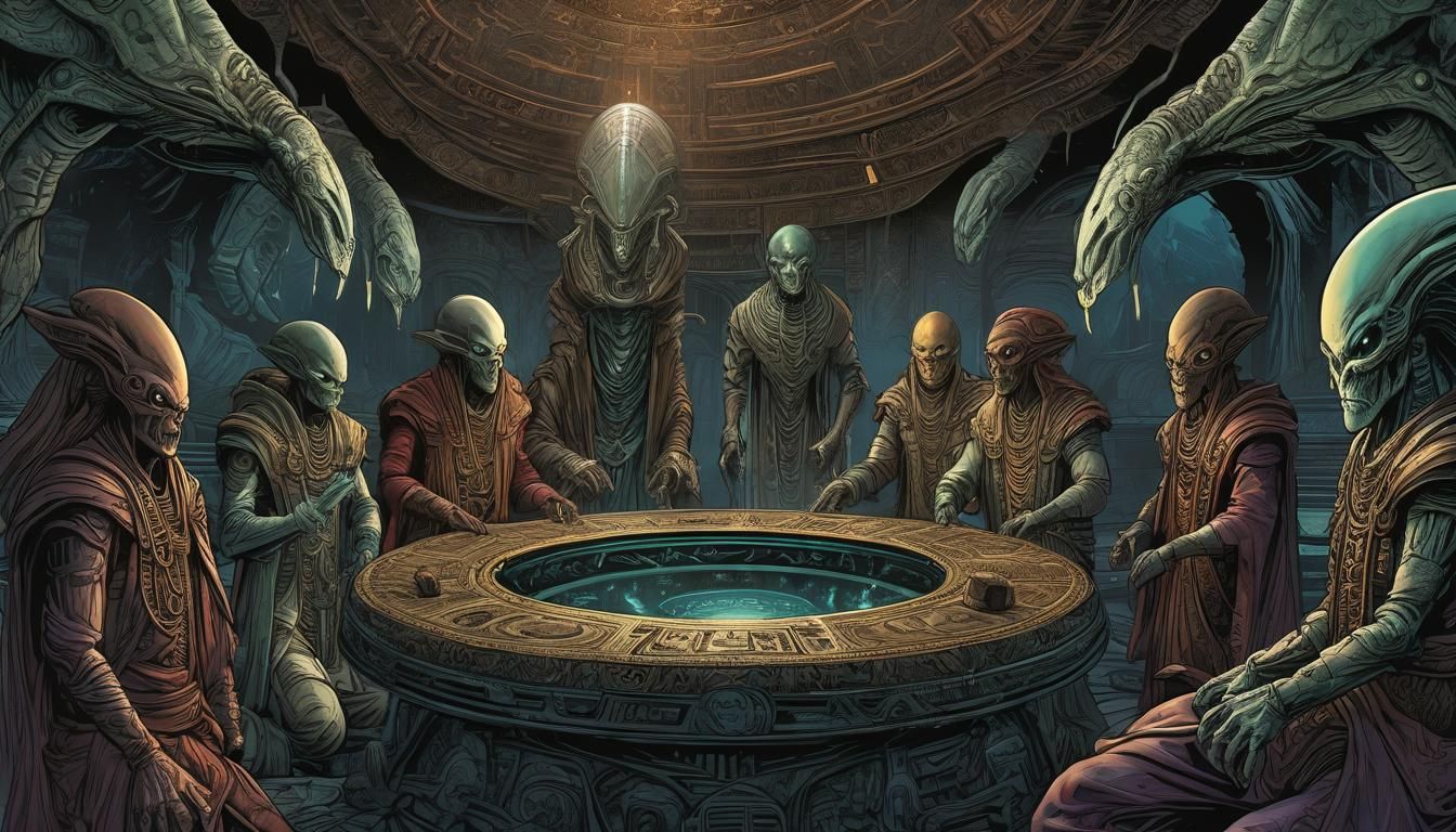 Aliens Gather Around Relic in Comic Book Style