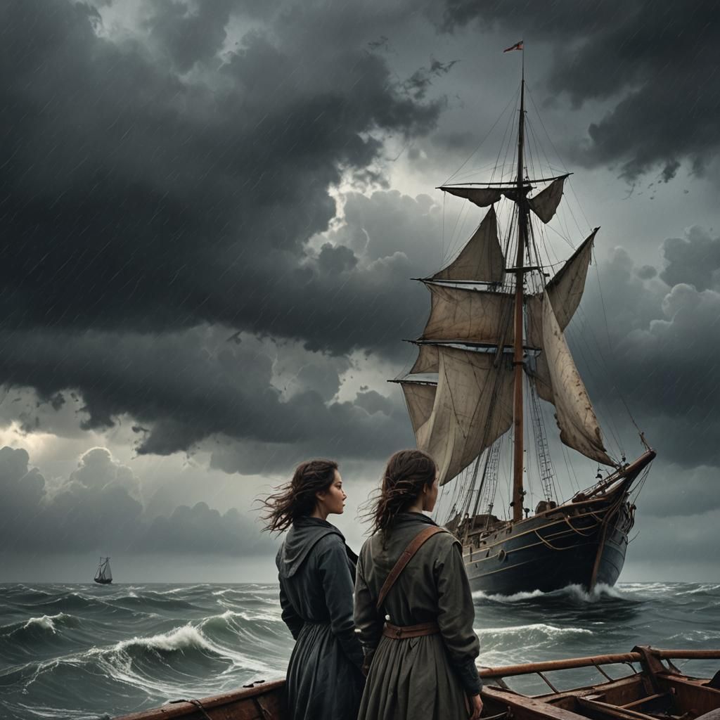 Woman Gazing at Stormy Sea in Digital Art