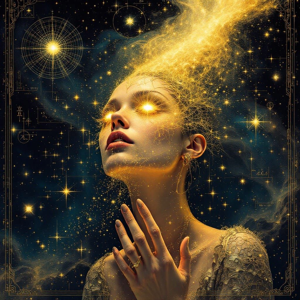 Celestial Priestess Born from Falling Star in Art Nouveau