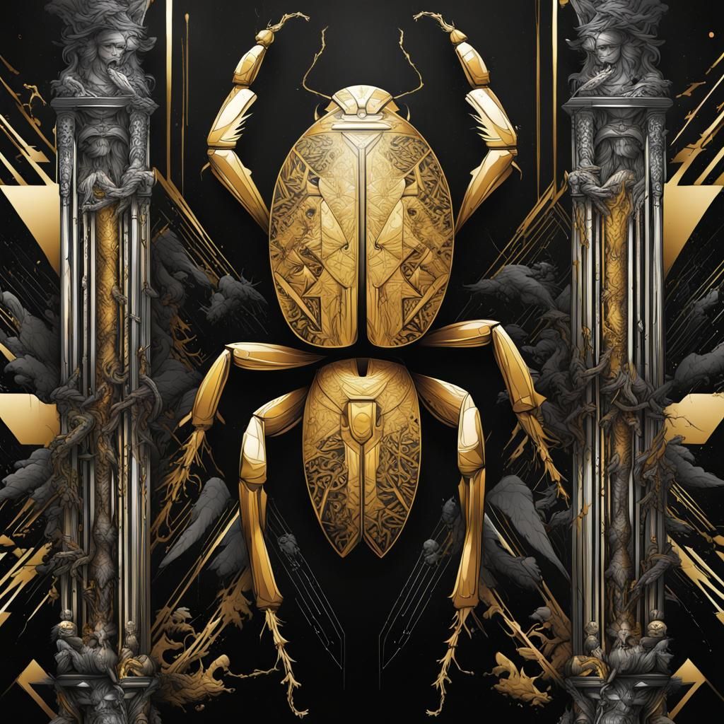 Ethereal Geometric Cricket Illustration in Black and Gold