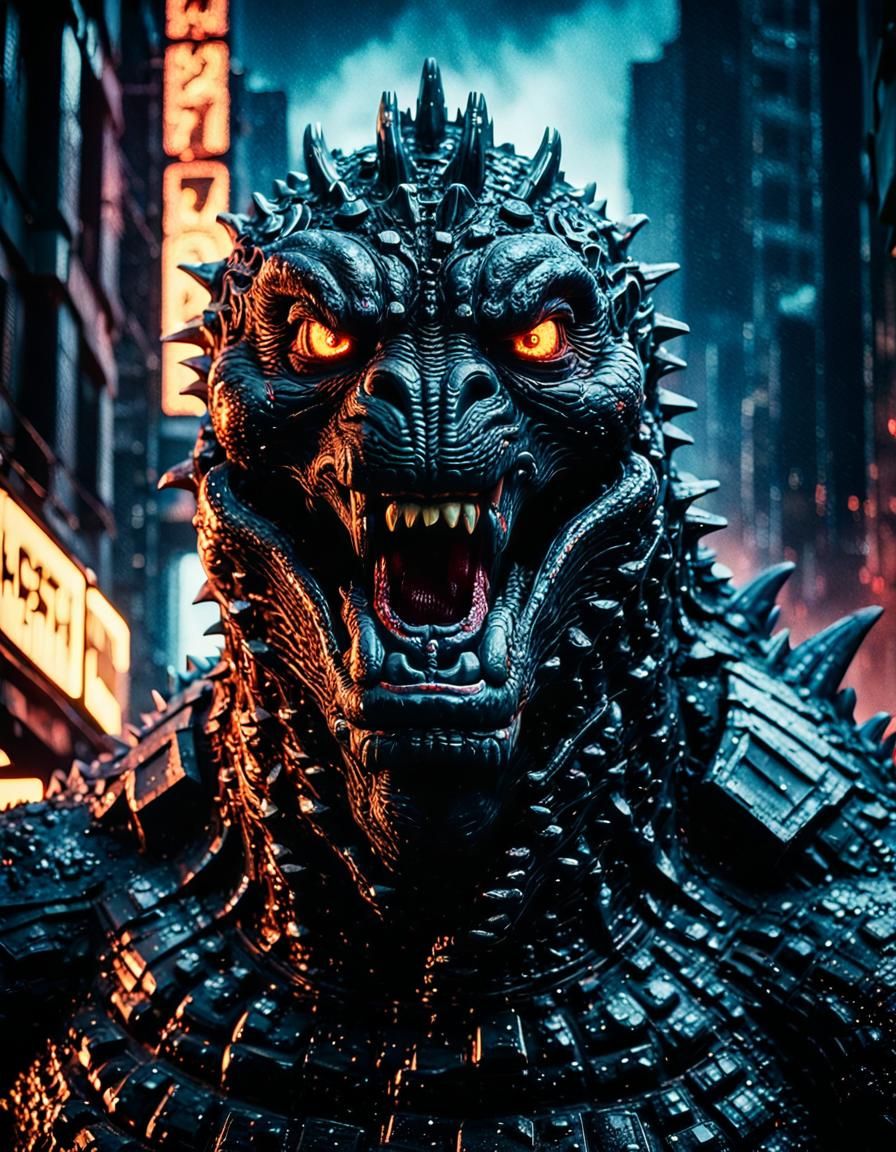 Godzilla Roaring in a Ruined City at Night