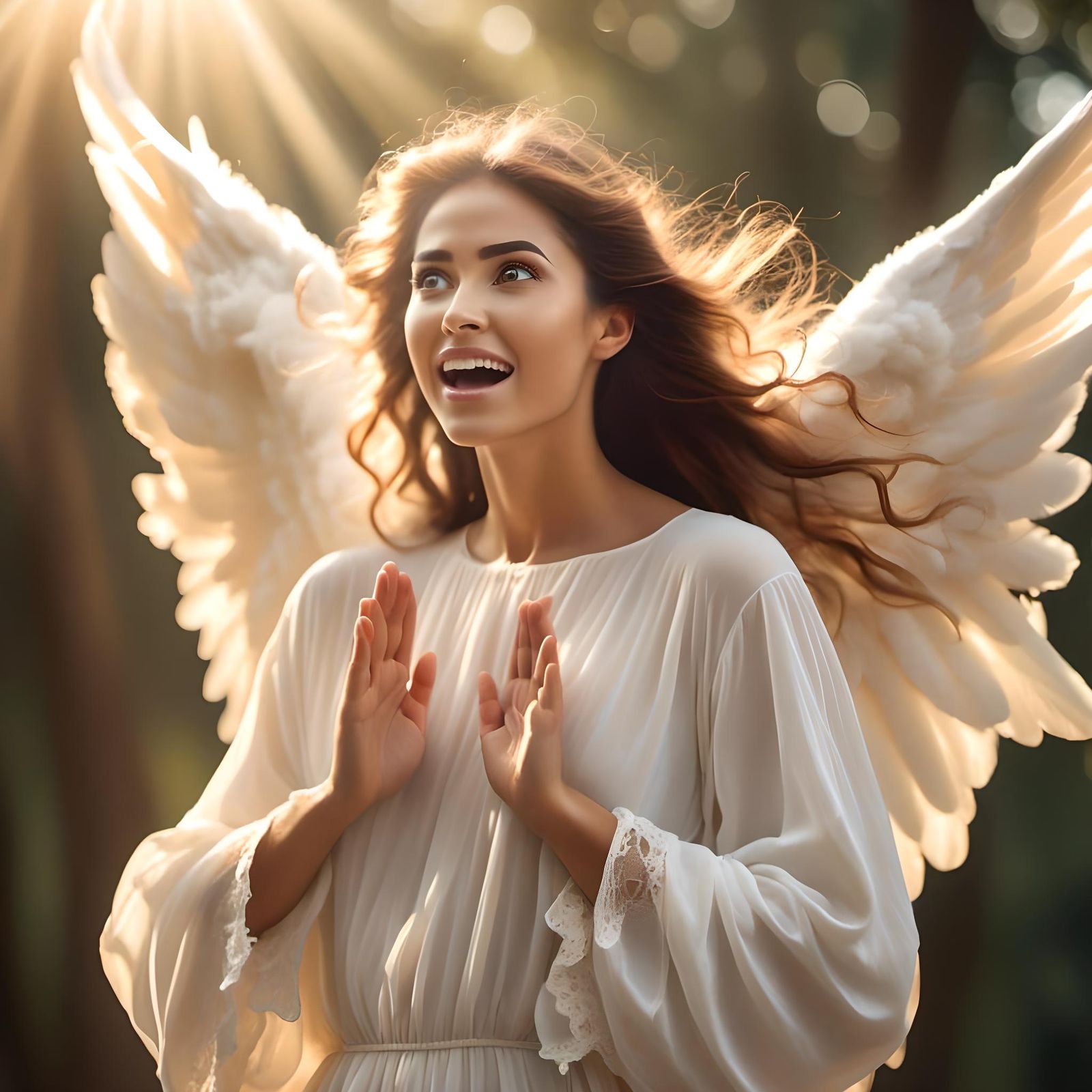 Surprised Angel Woman in Holy Sunshine Beams