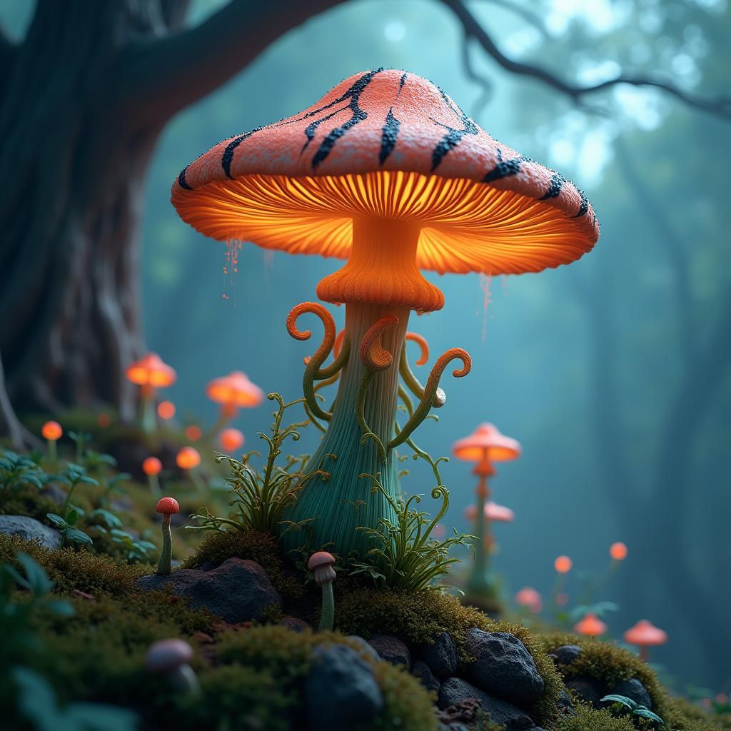 Fantastical Mushroom with Tiger Stripes and Seaweed