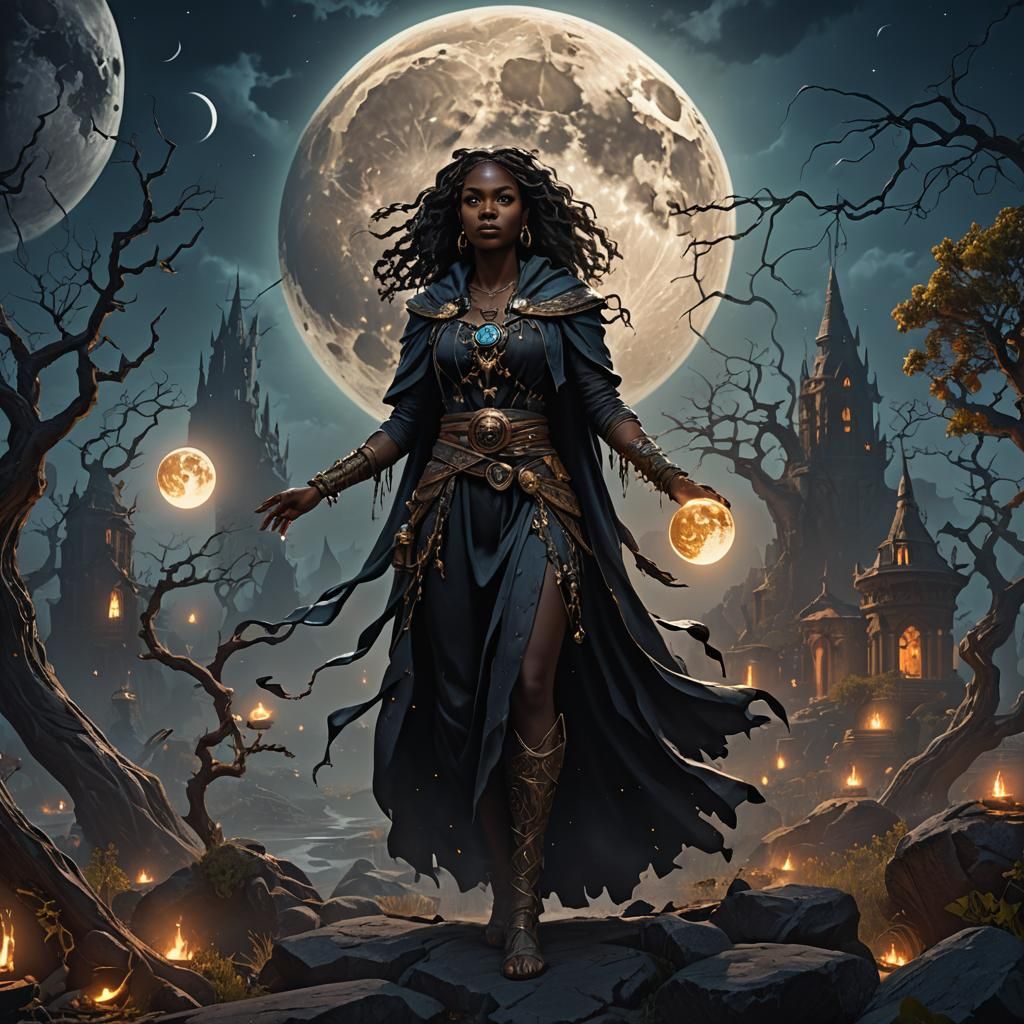 Black Woman Sorceress Under Powerful Moon