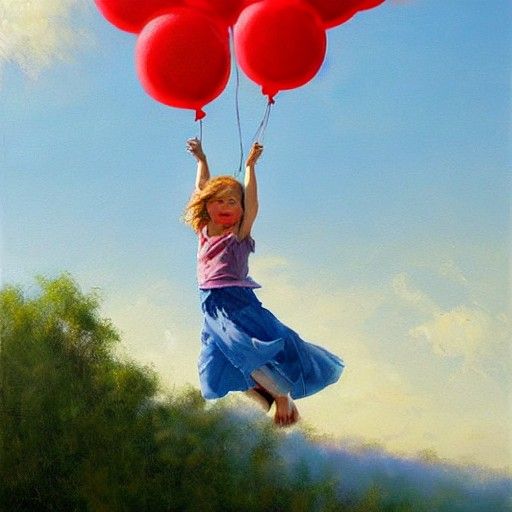 Girl Ascending with Balloons as Oil Painting