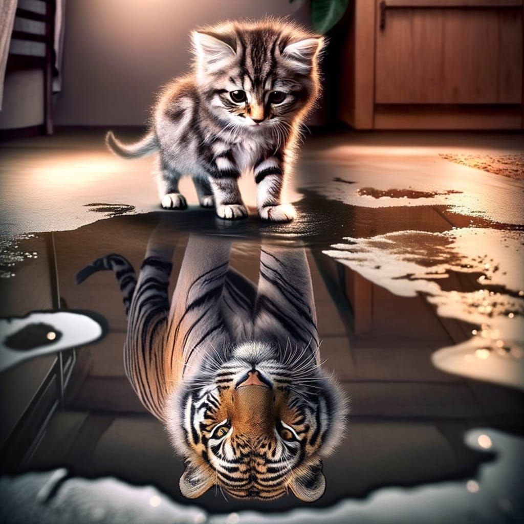 Kitten Sees Tiger Reflection in Puddle: Whimsical Reality