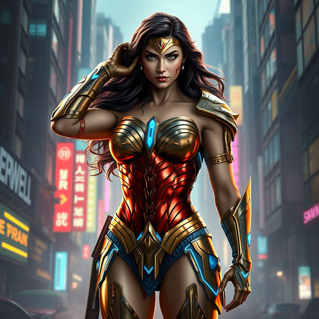 Wonder Woman in Golden Armor, Cyberpunk Cityscape