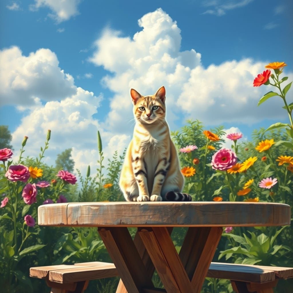 Whimsical Cat at Garden Table Under Impressionist Sky