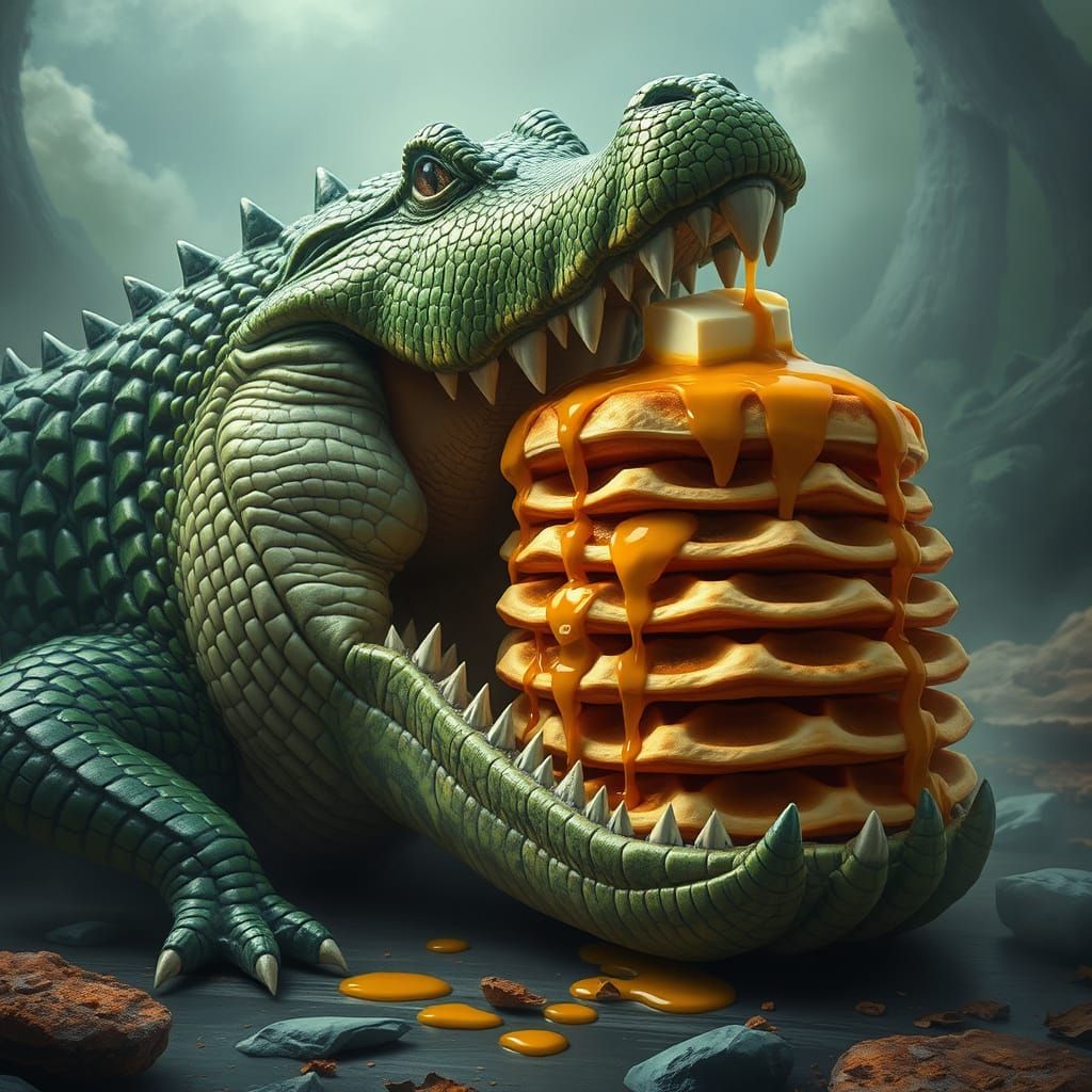 Gigantic Green Alligator Devours Waffle Tower in Whimsical F...
