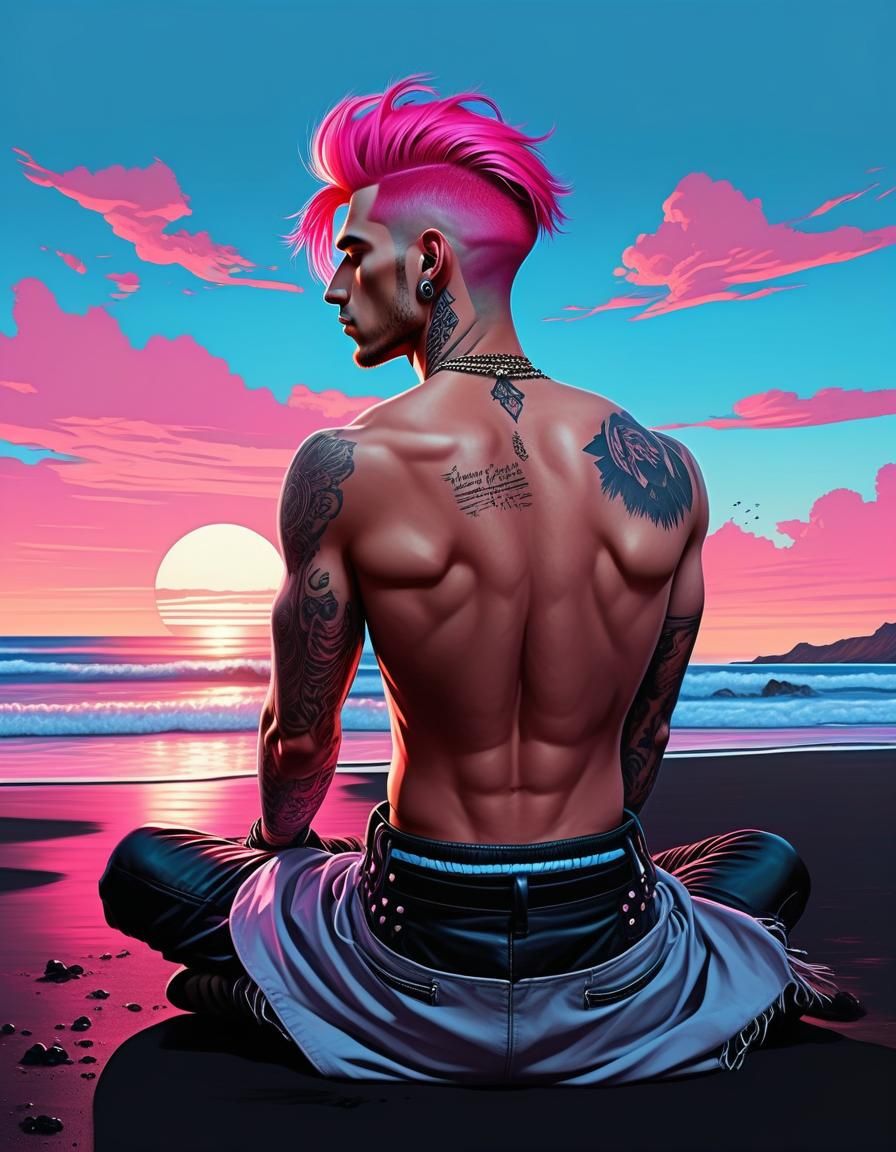 Man with Pink Hair at Black Sand Beach Sunset