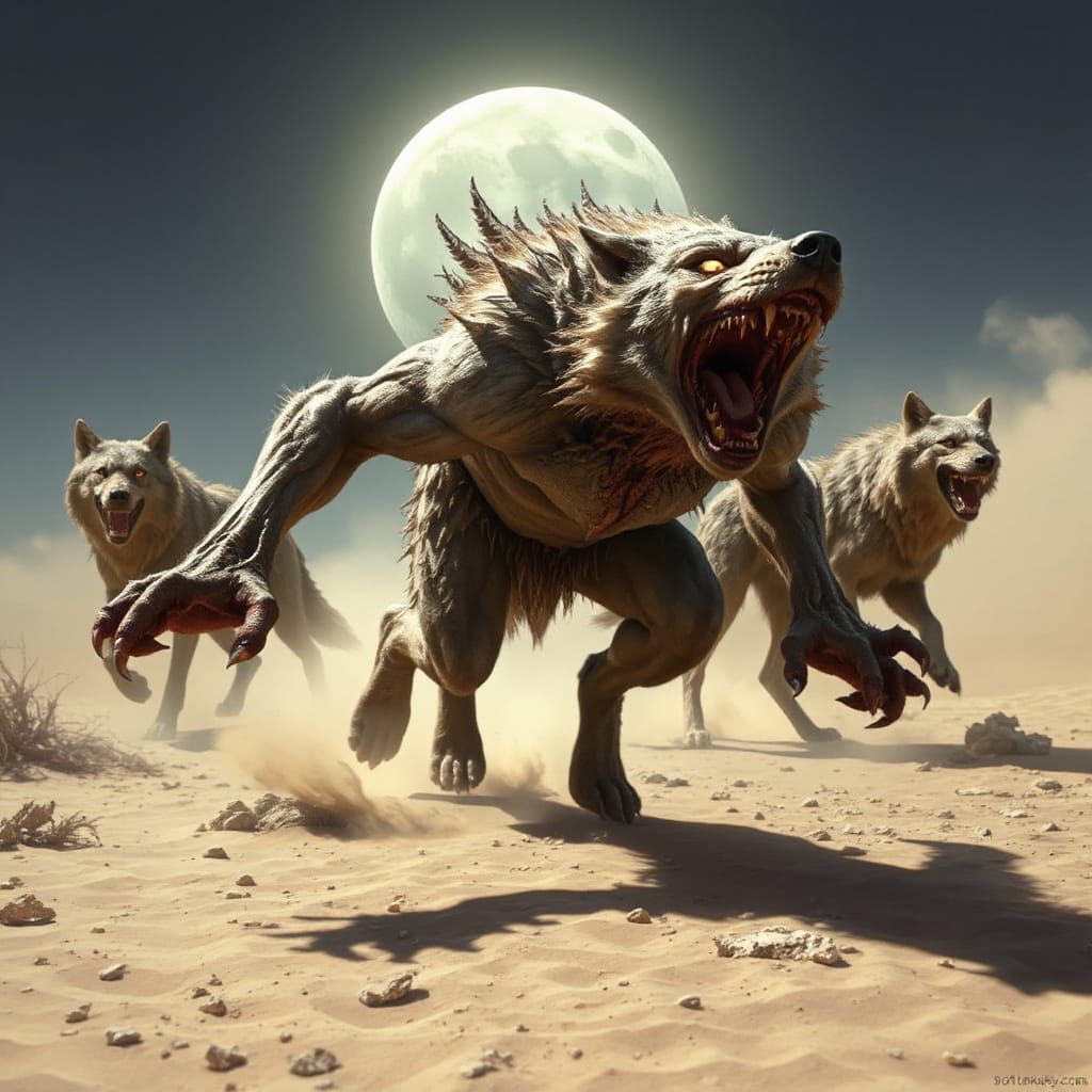 Monstrous Skinwalker Hybrid Roaring in Desert