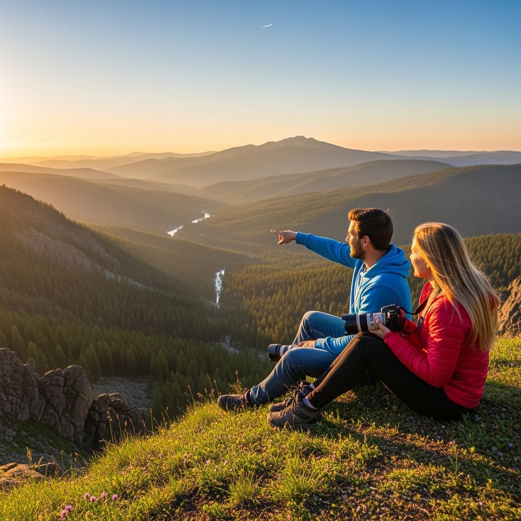 Couple Gazes Over Vast Valley at Sunset