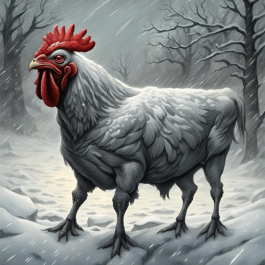 Chicken Cow Monster in Snowy Blizzard: Horror Art
