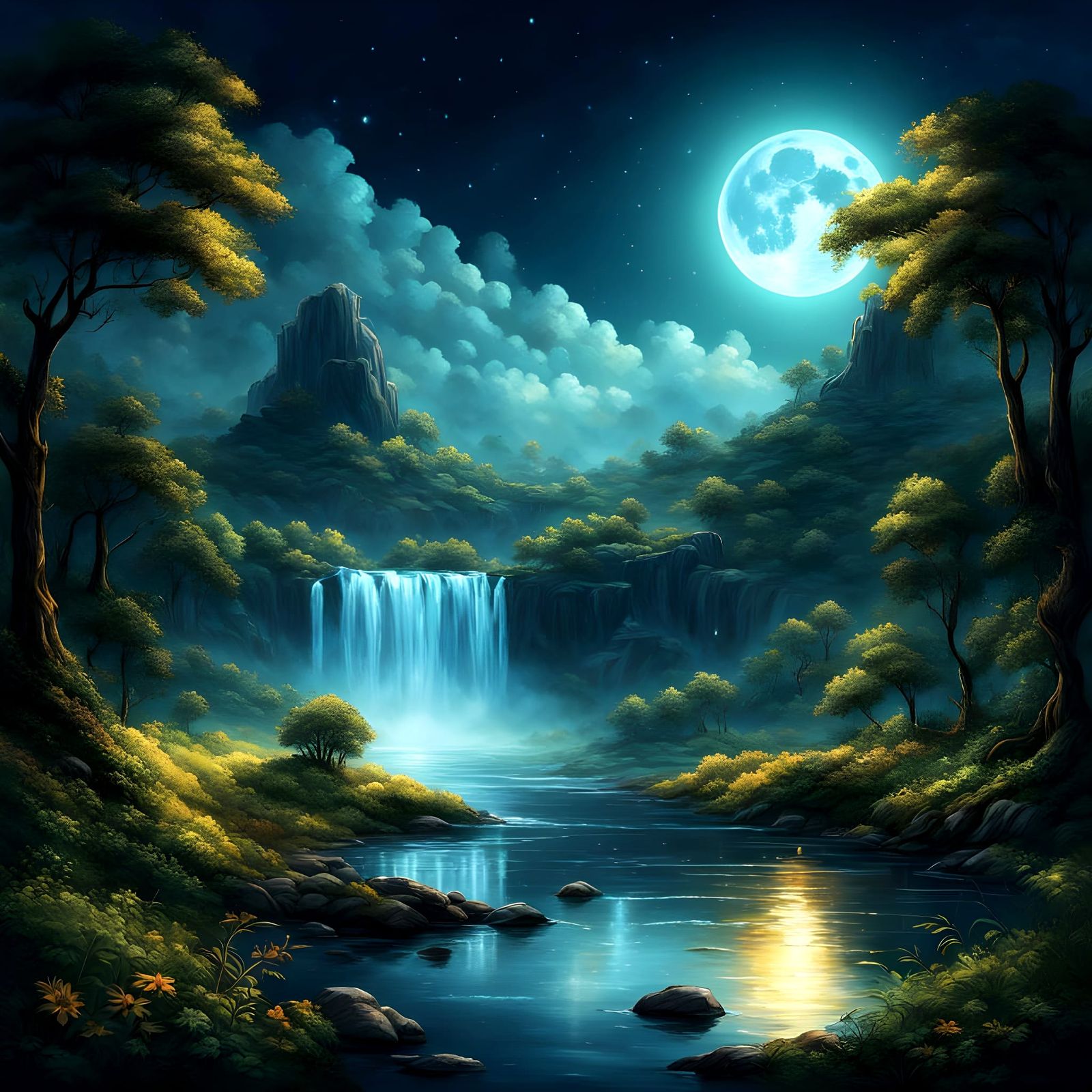 Lunar Waterfall with Lush Vegetation and Colorful Sky