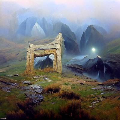 Mysterious Gateway in Misty Mountains, Oil Painting