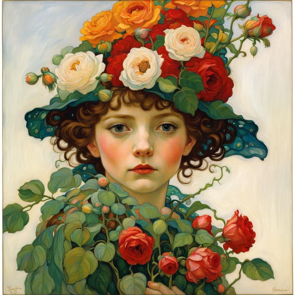 Flower Fairy with Roses in Art Nouveau Style