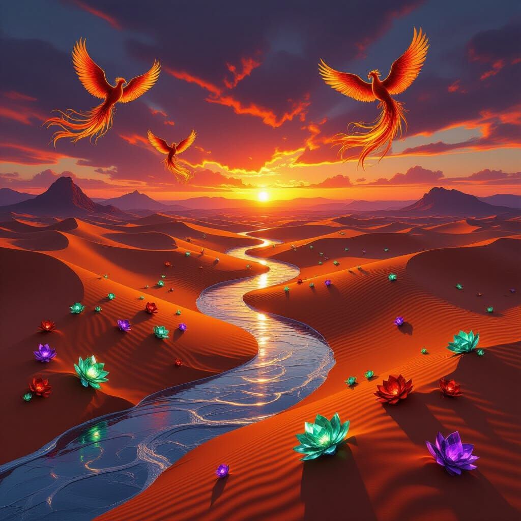 Surreal Molten Gold Desert with Phoenixes