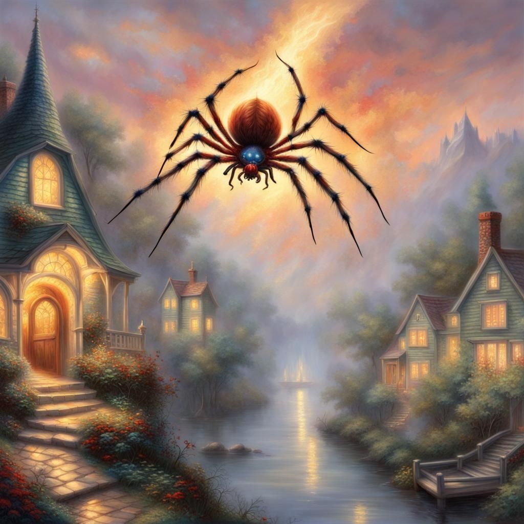 Ethereal Spider with Torch in Fantasy Landscape